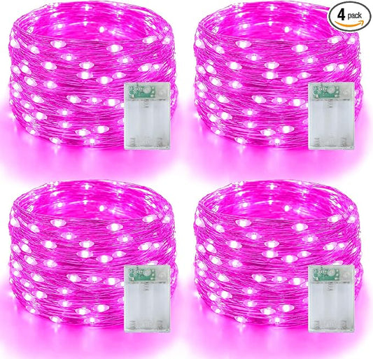 YEGUO Fairy Lights Battery Operated, 4 Packs Each 16ft 50 LED String Lights, Christmas Lights Indoor for Bedroom Wedding Party Holiday Gift(Pink)