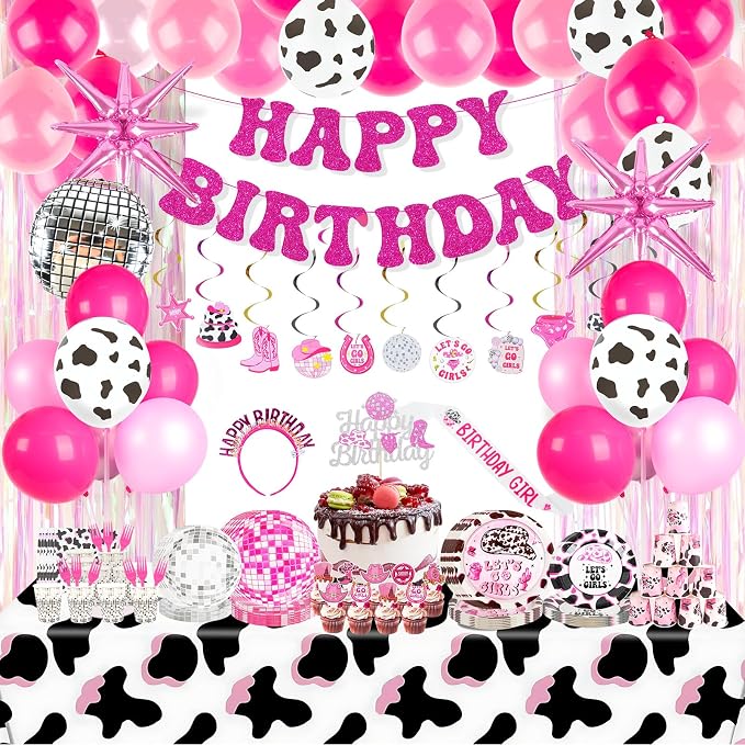185Pcs Cowgirl Birthday Party Decorations Supplies - Includes 20 Guests Tableware Set and Birthday Banner Backdrop Foil Balloons Stand Cake Toppers for Western Disco Cowgirl Party Decor