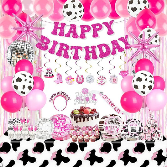 185Pcs Cowgirl Birthday Party Decorations Supplies - Includes 20 Guests Tableware Set and Birthday Banner Backdrop Foil Balloons Stand Cake Toppers for Western Disco Cowgirl Party Decor