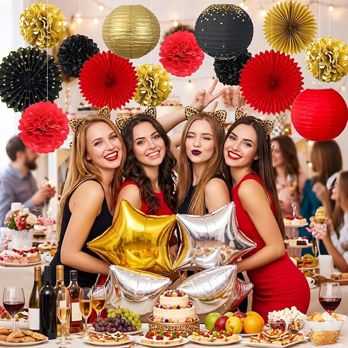 ADLKGG Red Black Gold Party Decorations, 14 Pcs Hanging Paper Fans, Lanterns, Pom Poms - Elegant Backdrop for Casino Night, Graduation 2026, Birthday, Hollywood Theme Party, Game Night