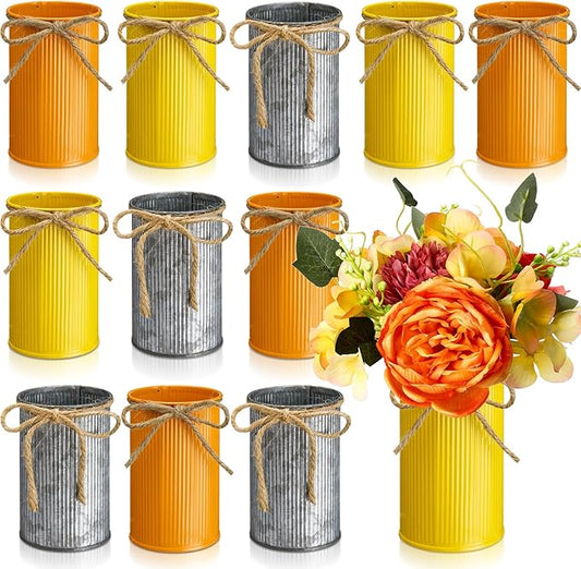 Rustic Vase for Table Centerpieces 4.33 Inch Small Petite Flower Vase with Twine Bow Vintage Farmhouse Decor for Wedding Reception Dining, Home Galvanized Metal Buckets(Yellow, Orange, Iron,12 Pcs)