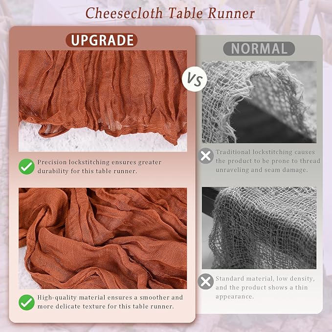 10 Pack Terracotta Cheesecloth Table Runner 17x108 Inch Semi Sheer Boho Rustic Gauze Cheese Cloth Table Runners for Wedding Party Birthday Baby Shower Home Décor