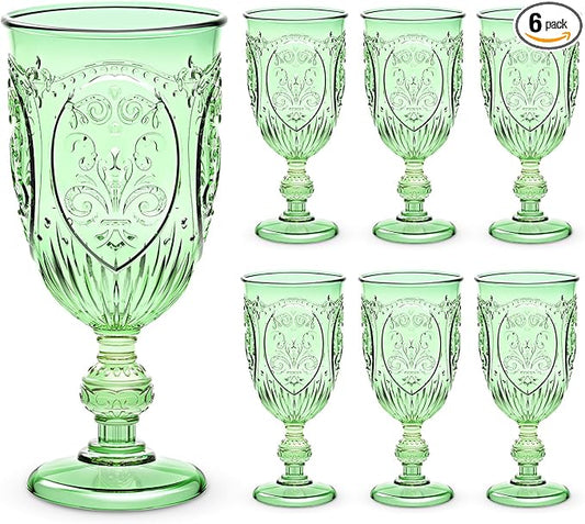 Wiwiqing 6 Pcs Plastic Goblets 7.5oz Vintage Goblet Plastic Wine Glasses Colored Retro Embossed Water Goblets for Wine Bar Juice Baby Shower Wedding Reception Grand Event Party (Green)
