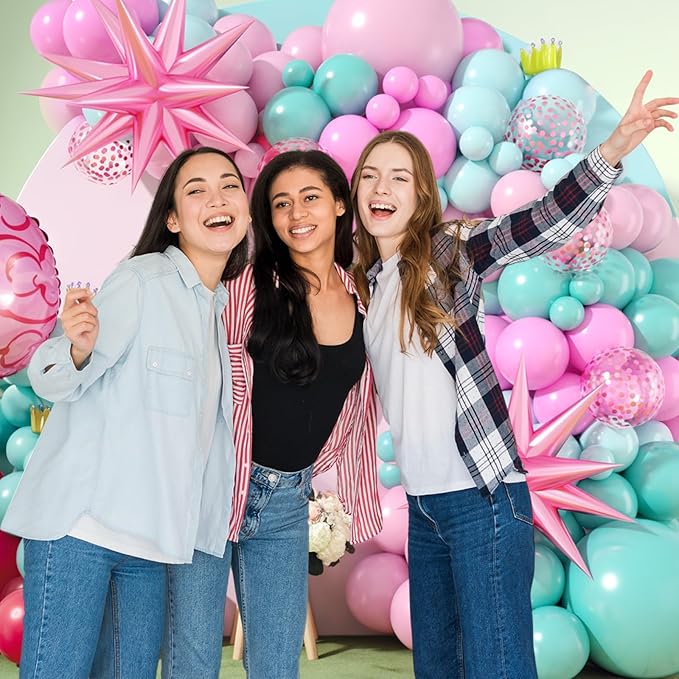 Pink and Teal Blue Balloon Arch Garland Kit, Pastel Pink Teal Blue Turquoise Latex Party Balloons with Star Confetti Balloon for Birthday Wedding Baby Shower Anniversary Party Supplies