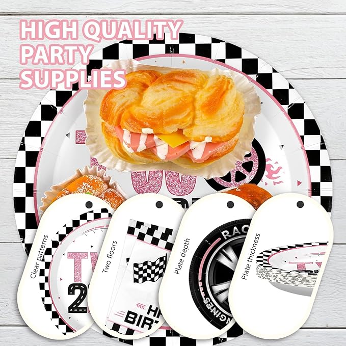 Grencian 96Pcs Two Fast Birthday Party Supplies Pink Race Car 2nd Party Plates and Napkins Checkered Flag Tableware for Kids Girls Racing Car 2 Year Old Birthday Decorations Serves 24