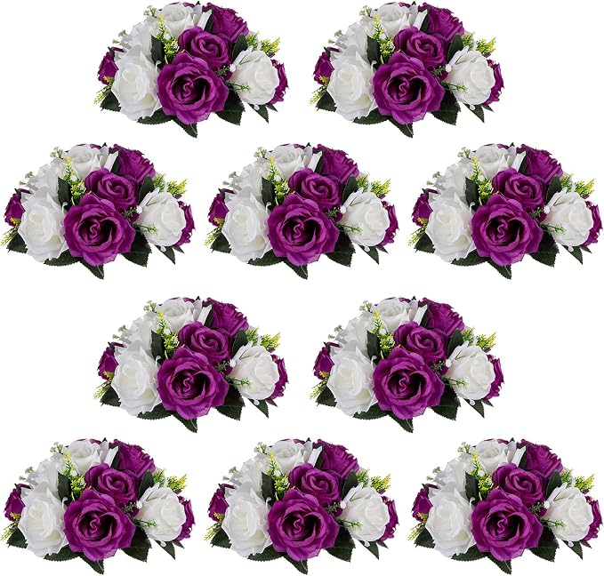 NUPTIO Flower Balls Centerpieces for Tables: Purple White Fake Roses | 10 Pcs 9.5 inch, Artificial Flower Arrangements for Wedding, Birthday Party, Bridal Shower, Quinceanera Decorations