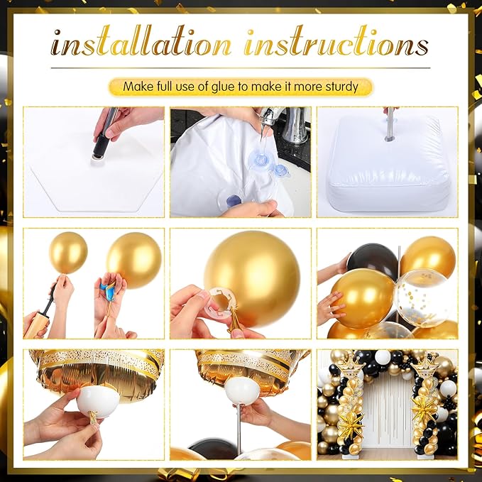 2 Sets Black and Gold Balloon Column Stand Kit with 2 Crown Foil Balloons Black and Gold Arch Garland Tower Stand with Bases for Floor for Prom Men Him Birthday Wedding Party Decorations