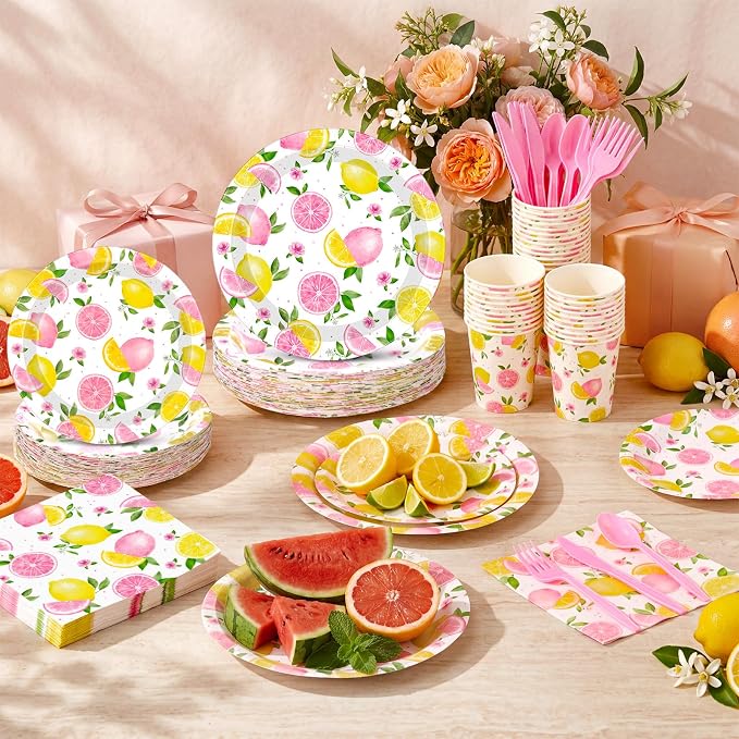 Funnymoom 400 Pcs Pink Lemon Party Supplies for 50 Guests Summer Pink Lemon Birthday Paper Plates and Napkins Knives Spoon Fork Cup Set Cutlery for Lemonade Theme Birthday Summer Bridal Shower