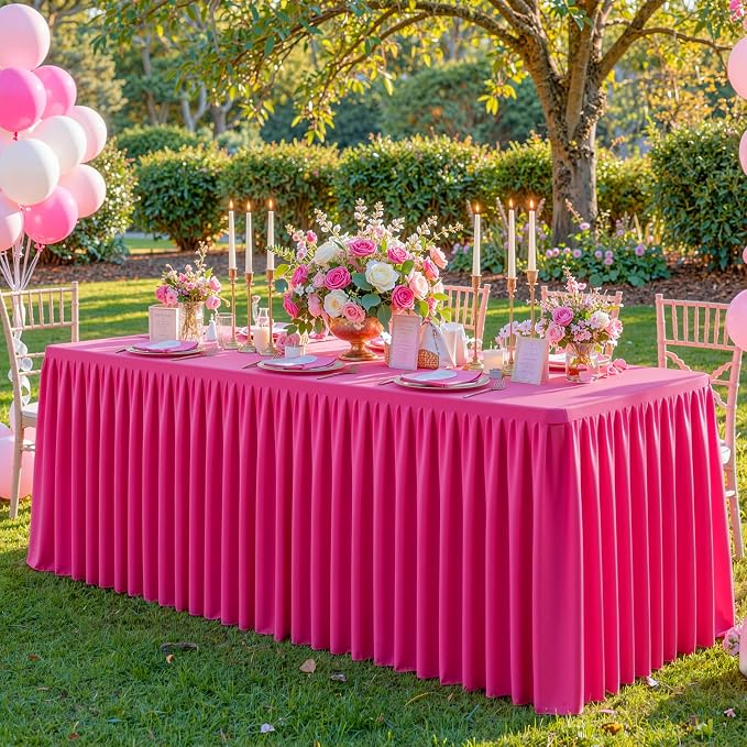 Red Polyester Table Cloths for Rectangle 8 Foot Tables, 1 Pack Wrinkle Free Tablecloths Stretchy Banquet Ruffle Fitted Table Cover Desk Skirt for Parties Wedding Birthday Baby Shower