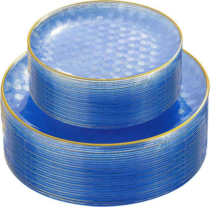 Festiva 60PCS Clear Blue Gold Plastic Plates - Heavy Duty Fancy Disposable Plates With Gold Rim -serve for 30 guests Include Each 30PCS 10.25" & 7.5" Honeycomb Design Plates for Party(Blue)