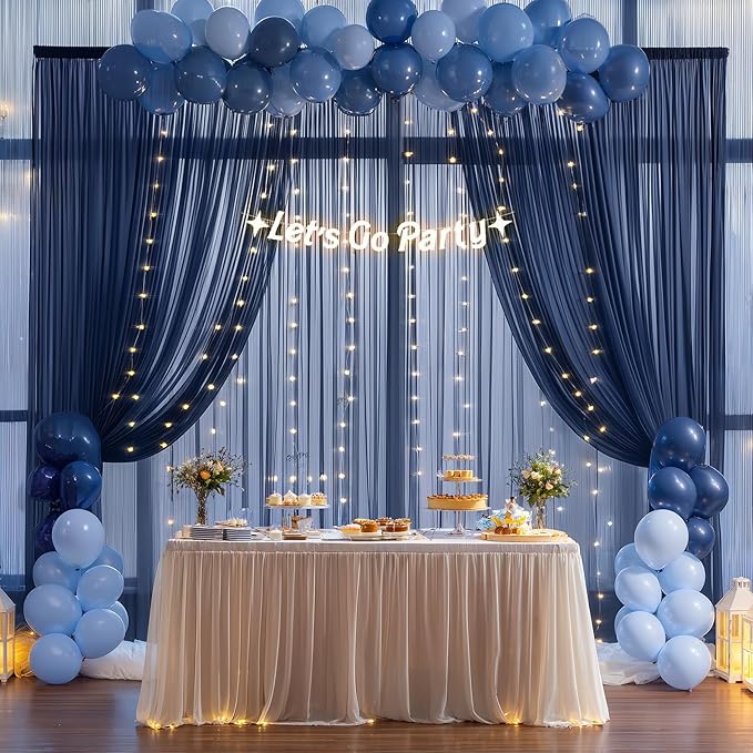 10x10ft Navy Blue Tulle Backdrop Curtain with Lights String for Parties, Sheer Photo Backdrop Drapes for Wedding Baby Shower Birthday Photography Stage Decorations
