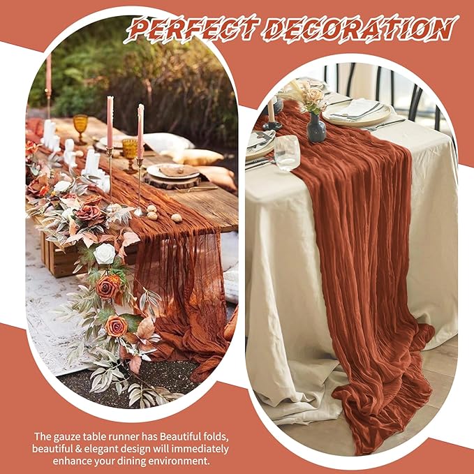 20 Pack Cheesecloth Table Runner - 17x108 Inch Terracotta Boho Gauze Cheese Cloth Table Runners for Baby Bridal Shower Decoration Wedding Party Summer Garden Farmhouse