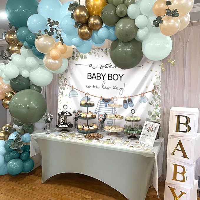 Greenery Baby Shower Decorations Boy A Sweet Baby Boy is On The Way Backdrop for Boy Birthday Party Decor Sage Green Balloons Oh Boy Baby Shower