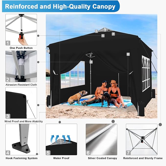 10x10 Pop Up Canopy Tent with Sidewalls x 4 – Easy Setup Canopy Tent, Waterproof, UV-Resistant, Portable with Carry Bag for Outdoor Events, Camping, and Backyard Parties – Black