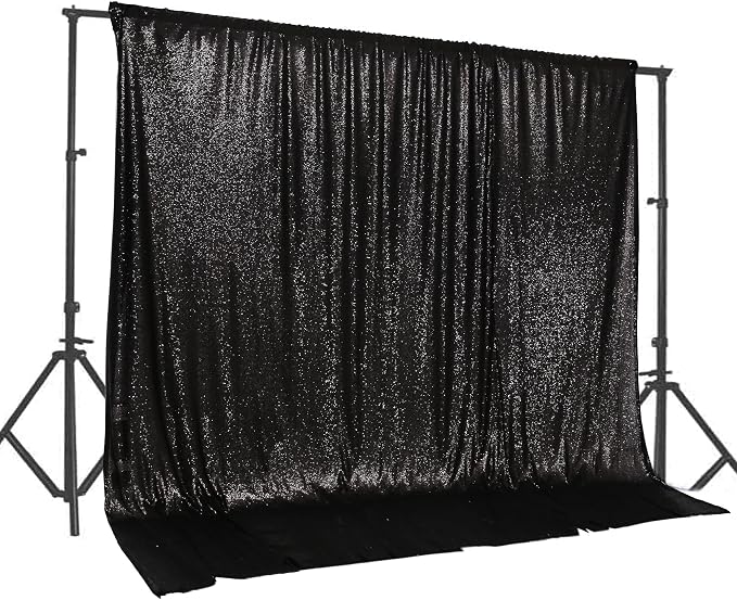 PartyDelight Black Sequin Backdrop 20x10ft 4 Inch Rod Pocket | 3mm stitched black sequins on mesh backing with 4 inch rod pocket for extra wide stages banquet walls group photos and large