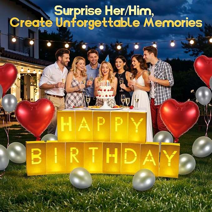 Lewondr Happy Birthday Decorations - Light up Letters with 6H Tea Lights Candles, Latex Balloons, Heart Aluminum Balloons and 2000 Rose Petals, Special Festival, Surprise Gifts Banner for Women & Men
