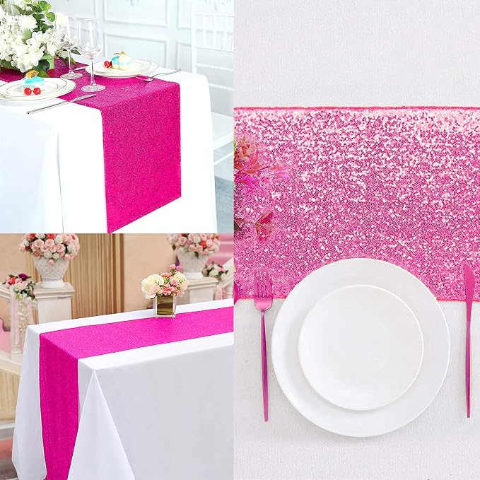 12 Packs 12 X 72 Inch Hot Pink Sequin Table Runner Glitter Dining Table Runner for Birthday Wedding Engagement Bridal Baby Shower Bachelorette Holiday Celebration Party Supplies Decorations (Hot Pink)