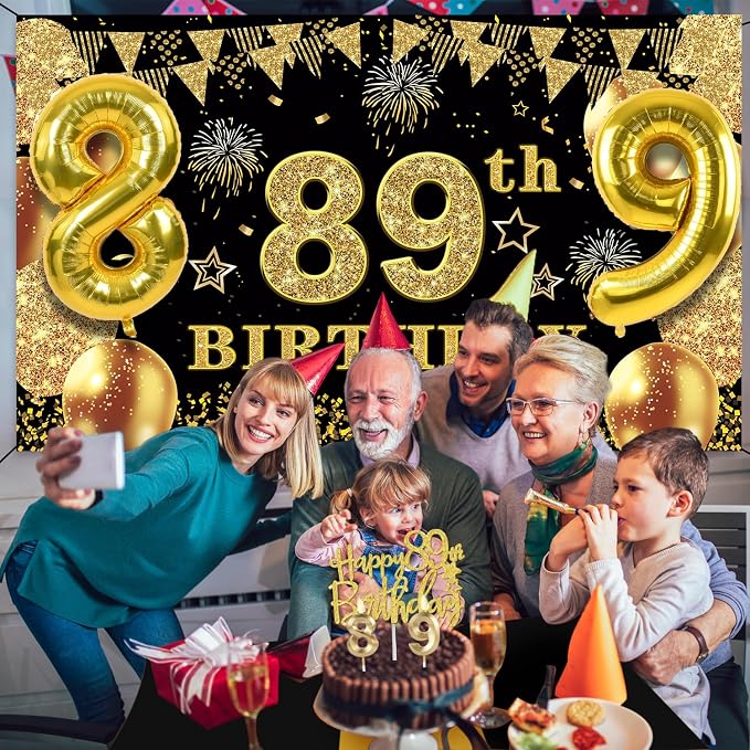 89th Birthday Decorations Men Women with 89th Birthday Banner, Black and Gold Table Cloth, Number Balloons, Sash, Cake Topper and Candles