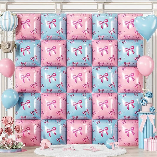 Pink and Blue Foil Balloon Wall Square, 19 Inch 25PCS Bow Print Double Sided Baby Blue Pastel Pink Balloon Backdrop Tunnel Arch Kit for Baby Shower Gender Reveal Birthday Bridal Party Decor