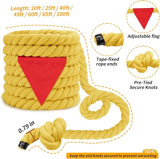 Tug of War Rope for Kids & Adults - 20ft Soft Cotton Outdoor Pulling Rope with Flag for Team Building Activities Field Day Family Reunions Birthday Parties Camping Games- Yellow