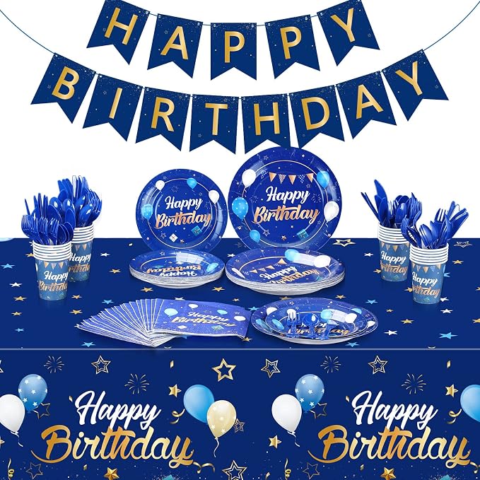 Pajean Blue and Gold Happy Birthday Party Tableware Set Navy Blue Birthday Decoration for Men Banner and Tablecloths Plates Cups Napkins Dinnerware for 24 Guests Party Supplies