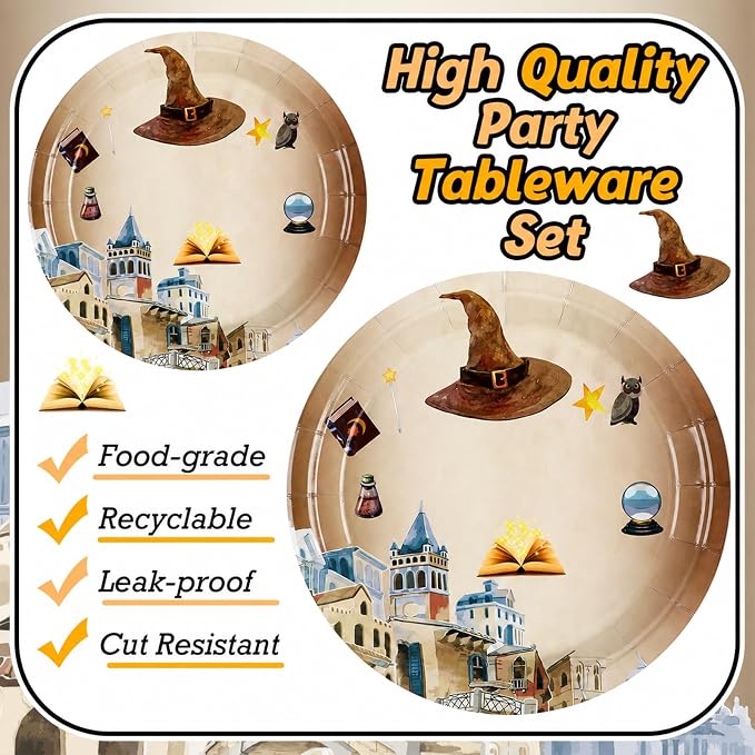 350 Pcs Magical Wizard Party Decorations Supplies A Magical Bundle Is On The Way Tableware Set Disposable Plates Cups Napkins Cutlery for Birthday Shower Wizard Party, Serve 50