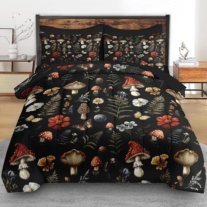 Pamnest Comforter Set Twin Size, Mushroom Fern 5 Pcs Bedding for Kids and Adults, Woodland Plants Botanical Bed Sheet Sets with Fitted Sheet Pillowcases & Shams for Bedroom Bed Decor