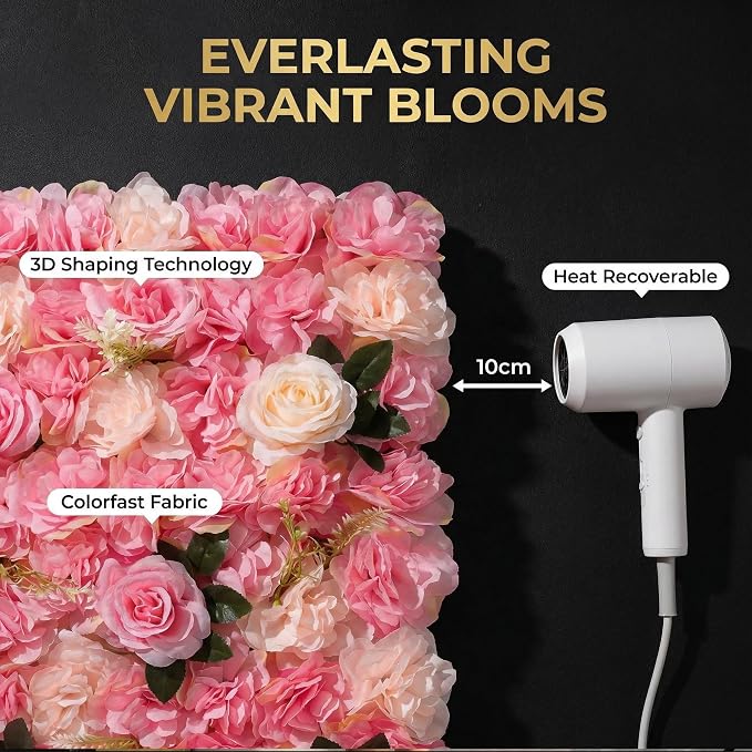 3D Flower Wall Backdrop 6 Pack, 24x16 Inch Deep Pink Artificial Rose Panels for Wedding, Party, Photo Studio, Home & Fence Decor