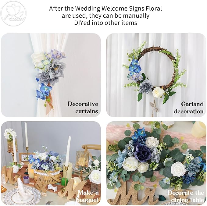 Odouzy Artificial Wedding Arch Flowers for Wedding Sign,Set of 2 for Wedding Welcome Ceremony Sign,Faux Floral Swags,Wedding, Banquet and Reception Backdrop Floral Decoration (Blue)