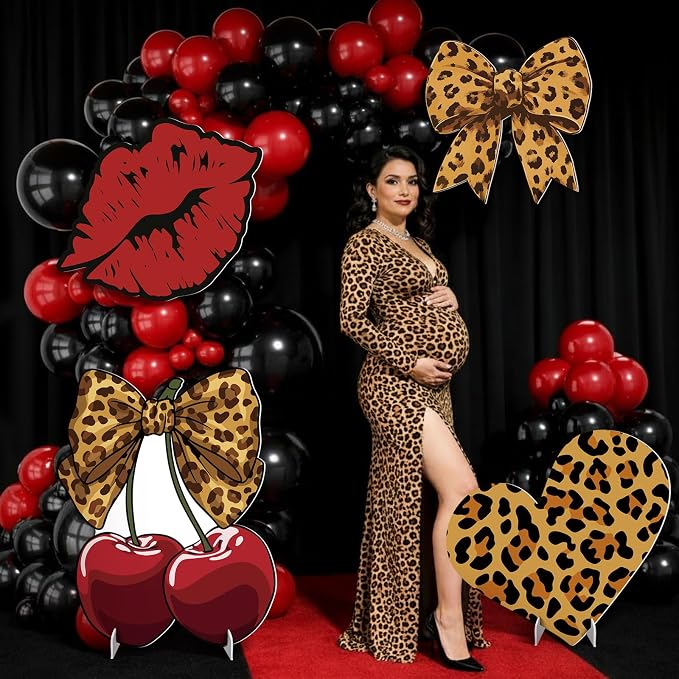 4 Pcs Large Red Cheetah Print Birthday Decoration, Y2k Leopard and Cherry Cardboard Cutout, Red and Black Cherry Cardboard Cutout Backdrop Yard Signs for Girls Women Birthday Party Supplies