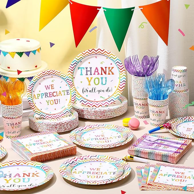 Pickmesh 400 Pcs Thank You Party Plates and Napkin Decoration We Appreciate You Paper Tableware Cups Knives Employee Staff Appreciation Teacher Doctor Party Decor Serve 50