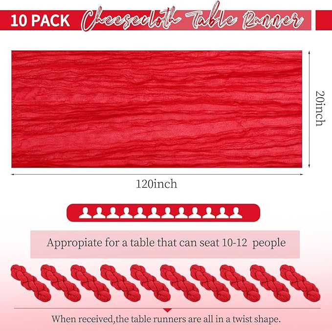 10 Pack Red Table Runner 10Ft Cheesecloth Table Runner Boho Gauze Cheese Cloth Table Runners Romantic Long Sheer Fabric Table Runners for Wedding Party Bridal Shower