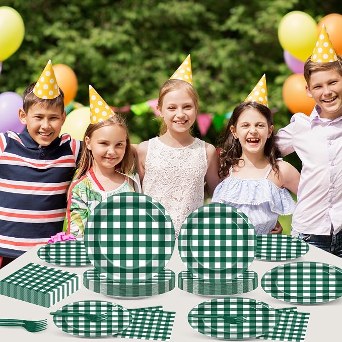 96Pcs Green Gingham Party Decorations Green and White Checkered Birthday Themed Tableware Gingham Plaid Plates Napkins Forks Picnic BBQ Dinnerware Supplies for Baby Shower Birthday Serves 24 Guests