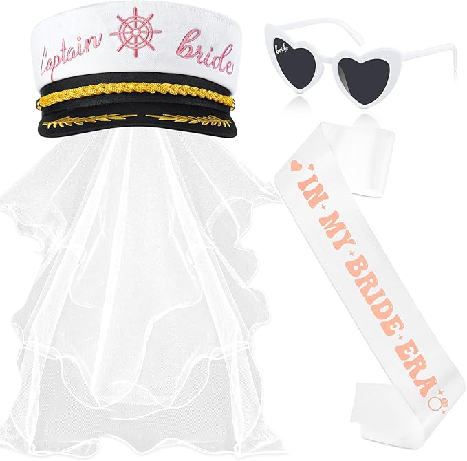 JaGely Bride Captain Hat with Veil, Bachelorette Sash & Sunglasses for Bridal Shower Bachelorette Party Decor Accessories(in My Bride Era)