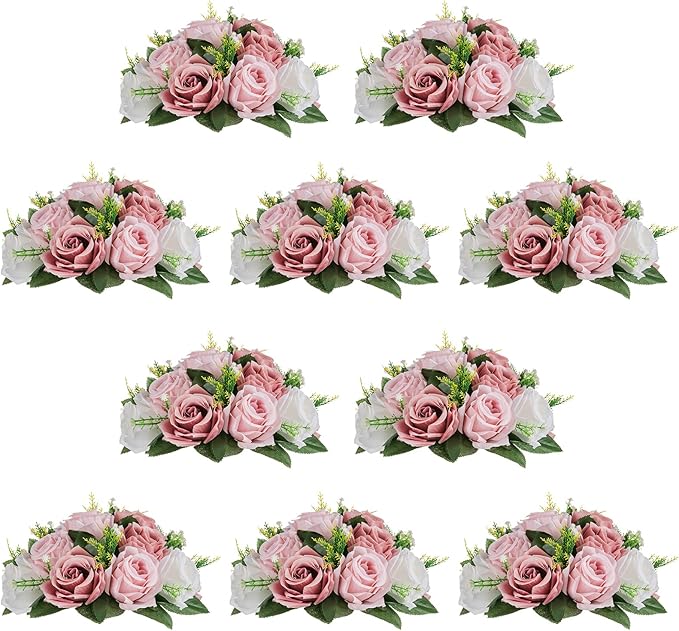 NUPTIO Flower Balls for Table Centerpieces: Dusty Pink & White Fake Flowers | 10 Pcs 9.5 inch Diameter, Artificial Rose Bouquet Arrangements, for Wedding, Birthday Party, Bridal Shower Decorations