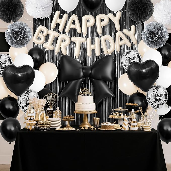 Black Bow Birthday Decorations, Sand White Happy Birthday Balloon Banner with Bow and Heart Foil Balloons Fringe Curtain Tissue Paper Pompoms Garland Party Supplies for Women Girls Boys
