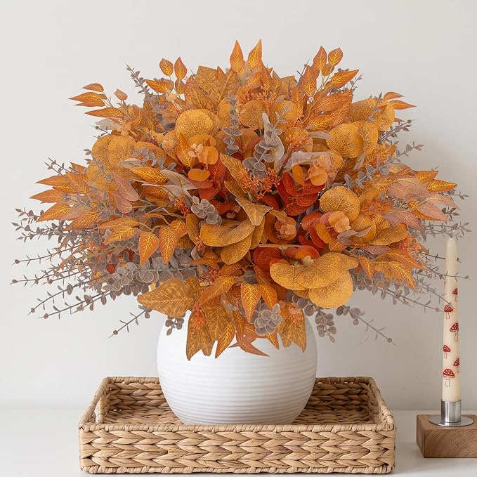 260 Pcs Fall Mixed Greenery Artificial Eucalyptus Stems Bulk, 6 Kinds of Fake Eucalyptus Leaves, Autumn Faux Floral Arrangement for Wedding Bouquet, Farmhouse Home Thanksgiving Decor (260, Orange)