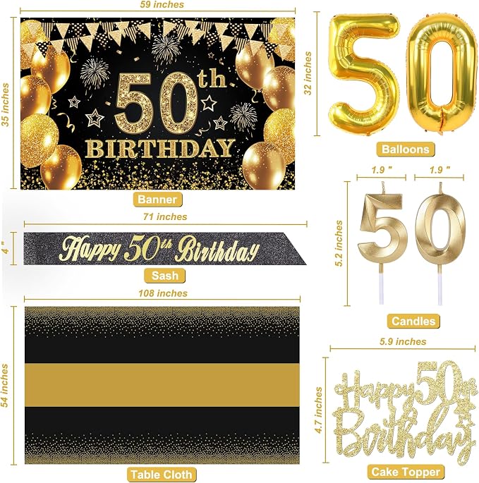 50th Birthday Decorations Men Women with 50th Birthday Banner, Black and Gold Table Cloth, Number Balloons, Large Sash, Cake Topper and Candles