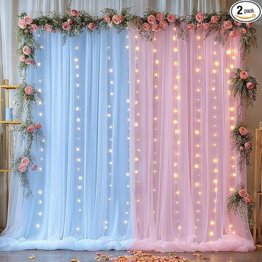 10x10ft Baby Pink Blue Tulle Backdrop Curtain with Lights String for Parites, Sheer Photo Backdrop Drapes with Lights for Wedding Backdrop Ceremony Reception Bridal Shower Baby Shower Birthday Party