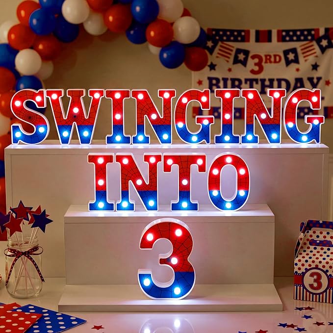 Honoson 13 Pcs Spider Theme 3rd Birthday Decorations Swinging into 3 LED Letter Lights Sign Red Blue Spider Theme Table Lights Decoration for 3 Years Birthday Party Supplies