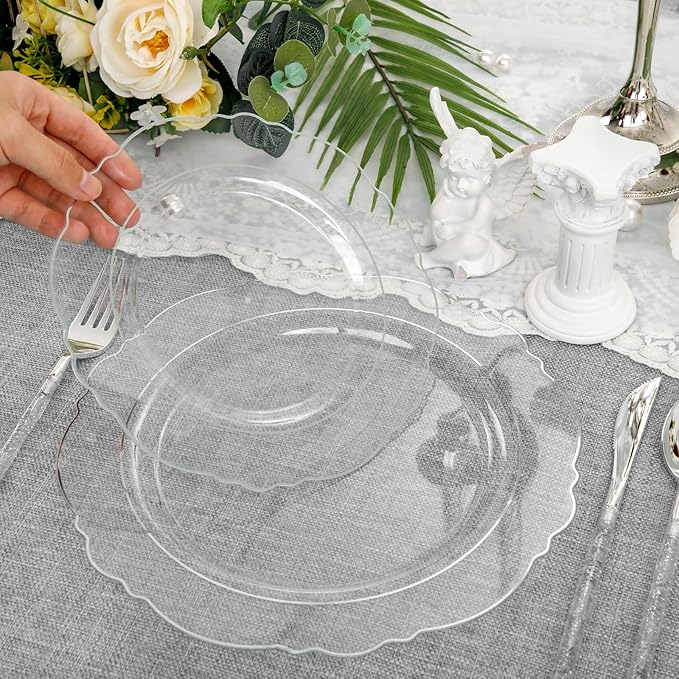 Liacere 150PCS Clear Silver Plastic Plates & Disposable Silver Plastic Silverware with Glitter Bamboo Handle Cutlery-Baroque Clear Disposable Plates for Wedding & Party