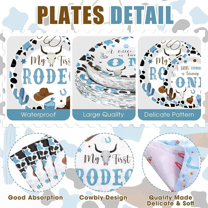 Potchen 452 Pcs Party Supplies Serve 50 Guests, Paper Plates Napkins Cups Cutlery Plastic Tablecloth Dinnerware for Birthday Wedding Party Decoration(Light Blue and Brown, First Rodeo)