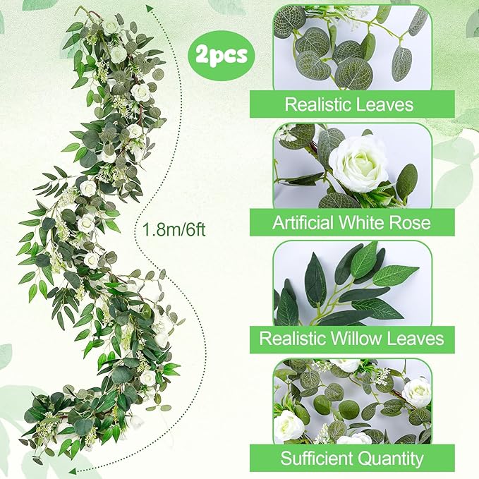 2 Pack Garland Set, 6 ft Artificial White Rose Eucalyptus Garland with Willow Leaf Vine, Summer Garland Faux Greenery Decor for Wedding Arch, Table and Home Decoration