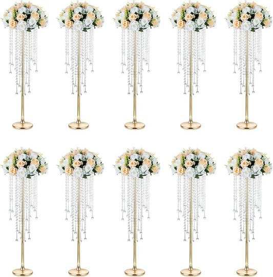 NUPTIO Gold Vases for Weddings - 10 Pcs 29.5in Tall Crystal Flower Stand Centerpieces