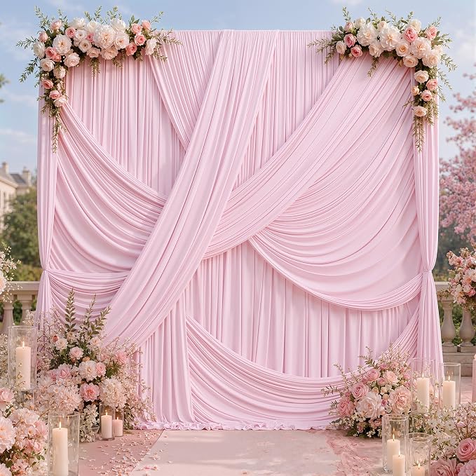 50ft×12ft Pink Backdrop Curtain for Wedding Parties, 10 Panels Wrinkle Free Polyester Photo Backdrop Drapes Back Drop Cloth for Birthday Photography Background