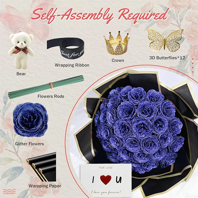 Glitter Rose Bouquet (Self-Assembly) DIY Fake Flowers Bouquet Handmade Artificial Bouquet of Shiny Blue Glitter Roses, for Valentine's Day, Anniversary