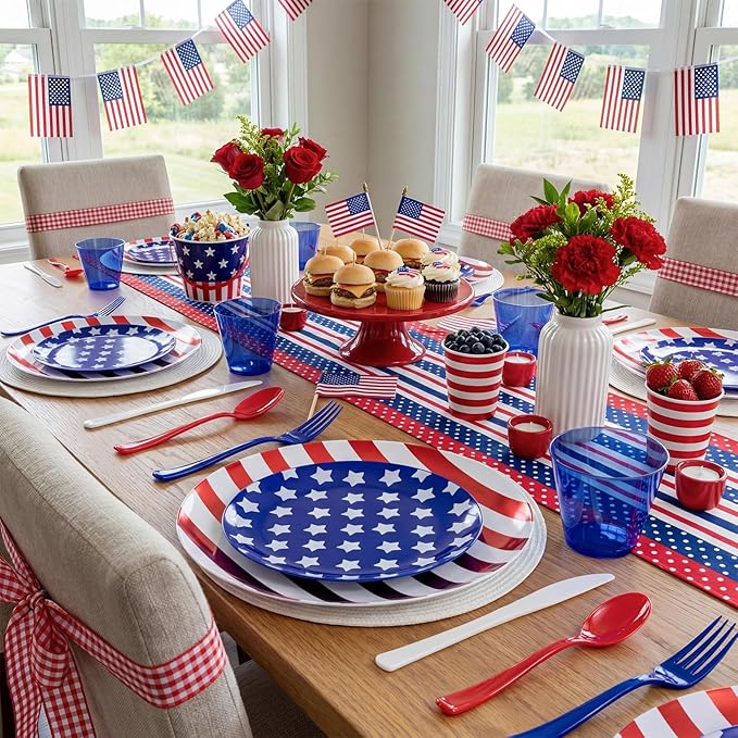KIRE 150PCS 4th of July Plates & Red White Blue Disposable Plastic Silverware &Clear Blue Cups-American Flag Patriotic Party Supplies for Memorial Day/Independence Day/Veterans Day