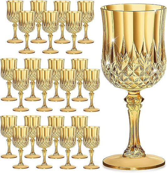 7OZ Plastic Wine Glasses, Reusable Vintage Goblets Unbreakable Drinking Glasses Crystal Water Cups Champagne for Wedding, Parties (24, Gold)