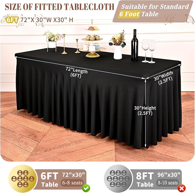 6 Packs Black Stretch Table Skirts for 6 Foot Rectangle Table, Washable Spandex Stretch Tablecloths with Skirt, Wrinkle Resistant Fitted Tablecover for Wedding Party Banquet