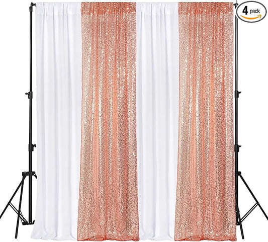 VitalCozy 4 Panels Backdrop Curtains 2 Pcs 4 x 10 ft Sequin Glitter 2 Pcs 7 x 10 ft Chiffon Photo Background Curtains for Graduation Wedding Birthday Party Decorations(White, Rose Gold)